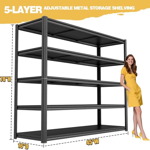 Garage Shelving Heavy Duty, 5-Tier Adjustable Garage Storage Shelving Unit, 78" H Metal Shelves, 3000LBS, Storage Rack Utility Shelf for Basement, Kitchen, Warehouse, Pantry, Black - size: 45"W x 16"D x 78"H