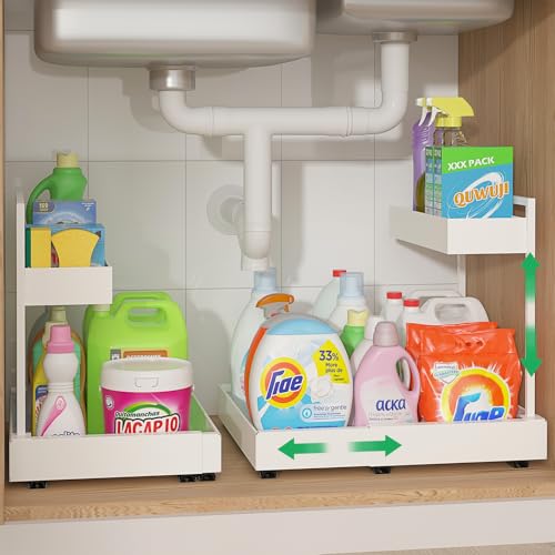 REALINN Under Sink Organizer Pull Out, L-Shaped 2 Tier Cabinet Organizer with Adjustable Width & 6-Level Height, Metal Under Sink Storage for Kitchen Sink, Bathroom Vanity, Laundry Cabinet, White - color: White, size: 2 Pack