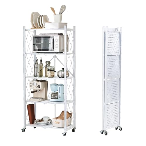 BRIAN & DANY 5-Tier Foldable Storage Shelves with Wheels, Folding Metal Rack Shelving Unit, Heavy Duty No Assembly Organizer Shelf for Garage, Kitchen, Basement, Pantry, White - color: White, size: 5-tier