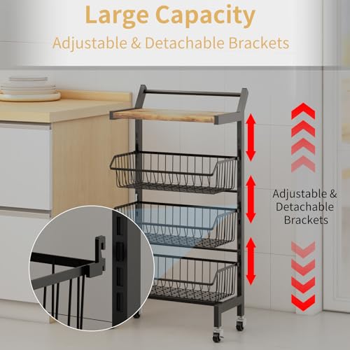 DGSANDGO 4-Tier Slim Rolling Storage Cart, Narrow Kitchen Cart with Lockable Wheels & Water-Resistant Wooden Tabletop, Small Space Utility Cart for Kitchen/Bathroom/Living Room/Laundry Room - color: Rustic Brown