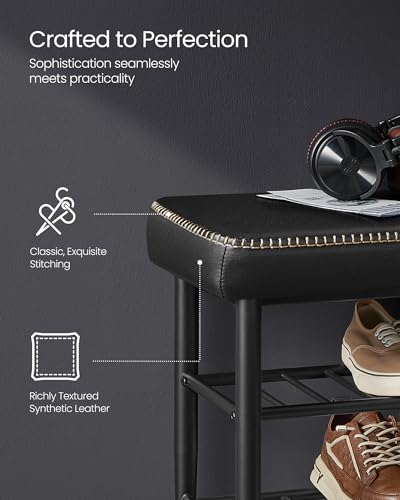 VASAGLE EKHO Collection - Shoe Rack Bench, Storage Bench for Entryway, Synthetic Leather with Stitching, Mid-Century Modern, Loads 300 lb, 11.8 x 39.4 x 19.7 Inches, Ink Black ULSB113B01 - color: Ink Black, size: 39.4"W