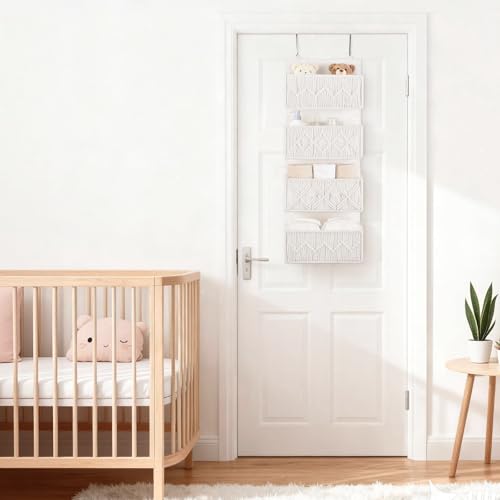 Dahey Over the Door Organizer Macrame Boho Nursery Storage Decor with 4 Large Woven Pockets Closet Hanging Organizer for Bedroom Nursery Bathroom Apartments Dorm Pantry Decoration, White