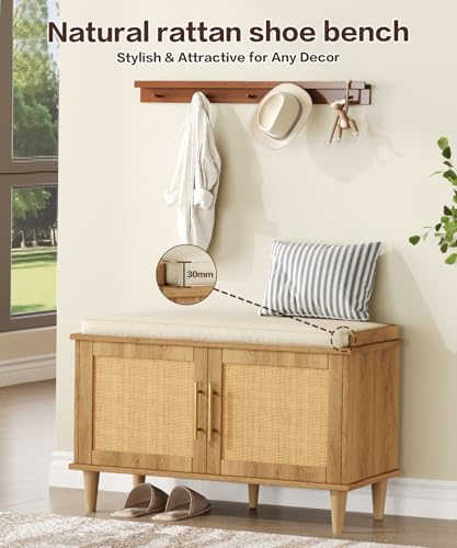 Akxomel Rattan Shoe Storage Bench with Cushion, 2-Tier Entryway Bench with Adjustable Shelves and 2 Doors, 15" D x 31.5" W x 20" H, Solid Wood Legs, for Hallway, Living Room, Bedroom, Natural Oak - size: 15"D x 31.5"W x 20"H