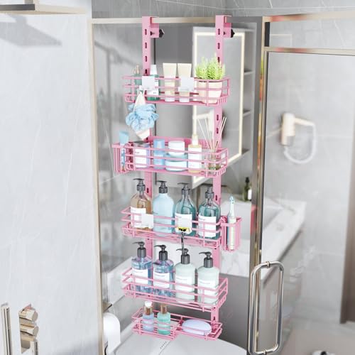 Consumest Over The Door Shower Caddy - 5 Tier Adjustable Shower Organizer Hanging with 2 Toothbrush Holders & 4 Hooks, Rustproof Organizer Shelf, Storage Rack for Bathroom, Pink - color: Pink, size: 5-Tier