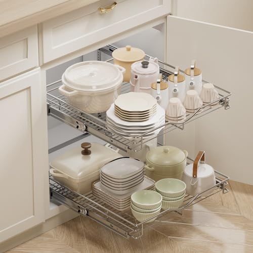 DINDON Pull Out Cabinet Organizer (22-1/2" W x 21-1/2"D), Cabinet Pull Out Shelves, 2 Tier Pull Out Drawers for Kitchen Cabinets, Wire Basket Slide Out Shelf, Pot and Pan Organizer - size: 22-1/2“ W X 21-1/2"D
