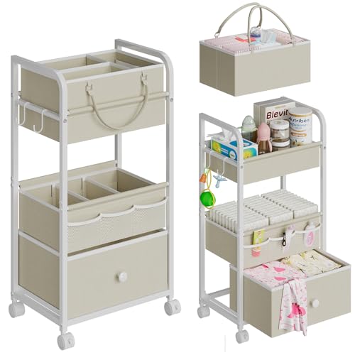 Cidaziya 2In1 Baby Diaper Caddy Organizer and Storage, 3 Tier Rolling Cart with Drawer, Mobile Utility Cart Baby Dresser Clothes Organizer for Crib, Art & Craft Storage, White, 17"W x 11.42"D x 33.5"H - color: White, size: 17"W x 11.42"D x 33.5"H
