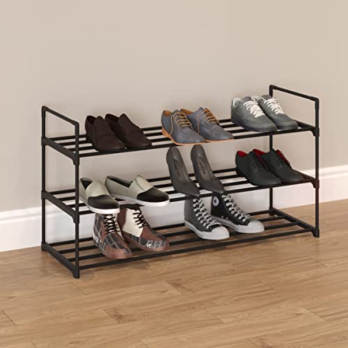 Home-Complete Shoe Rack - 3-Tier Shoe Organizer for Closet, Bathroom, Entryway - Shelf Holds 15 Pairs Sneakers, Heels, Boots (Black) - color: Black, size: 3-Tier