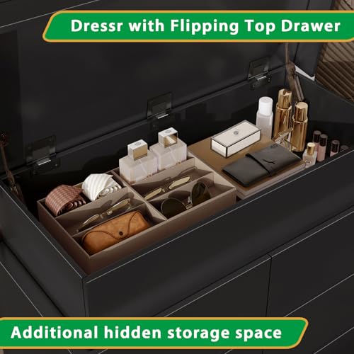 DreamDashio Modern 6 Drawer Dresser with Flip-Top Storage, Chest of Drawers for Closet with Floating LED Lights & Charging Station, Double Wide Drawer Organizer Cabinet for Bedroom, Living Room, Black - color: Black