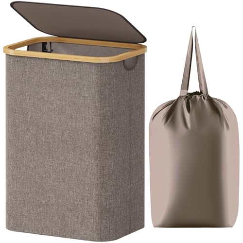 Lifewit 80L Laundry Basket with Lid, Clothes Hampers for Laundry with Bamboo Handles and 1 Removable Bag, Large Foldable Laundry Hamper for Bedroom, Bathroom, Dorm, Laundry Room, Brown - color: Brown, size: 80L