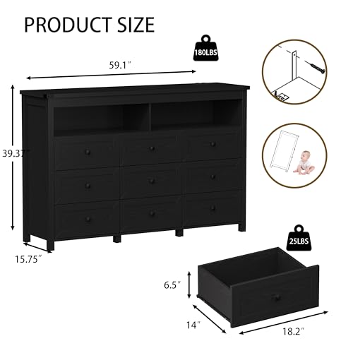 Dresser for Bedroom with 9 Drawers, Wide Modern Chest of Drawers with LED Light and Power Outlet, Wooden Closet Organizer Clothes Storage Cabinet, Double Dressers for Living Room, Hallway, Black - color: Black, size: 15.8"D x 59.1"W x 39.4"H (9 Drawers)