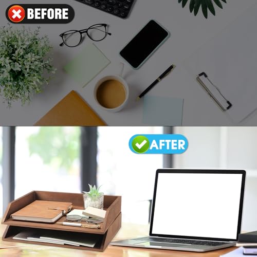 Beeveer 2 Pcs Wooden Letter Tray Wood Letter-Size Desk Organizer Heavy Duty 2 Tier Stackable Support Paper Tray Desktop Drawer File Folder Magazine Office Accessories Back to School(Dark Wood) - color: Dark Wood