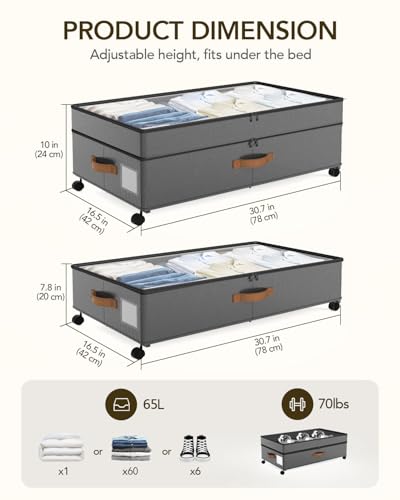 Under Bed Storage with Wheels, 10 inches Under Bed Storage Containers, 65L XXL Large Adjustable Underbed with Lids, Rolling Underbed Storage bins for Shoes, Clothes, Blankets, Grey - color: Grey
