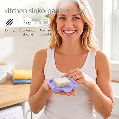 MicoYang Silicone Bathroom Soap Dishes with Drain Spout-Bathroom and Kitchen Sink Organizer,Sponge Holder,Dish Soap Tray,Perfect for Dispenser,Scrubber,Bottle on Sink or Counter-Light Purple 4.9"×3.2" - color: Light Purple, size: S(4.9"×3.2")