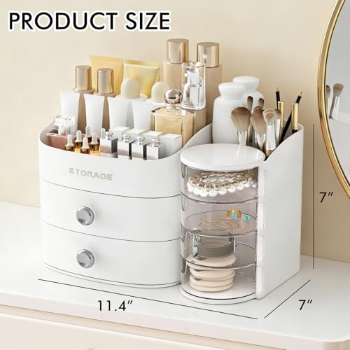 Makeup Organizer Countertop with Drawers, Make up Organizers for Vanity, Skincare Jewelry Earring Organizers, Cosmetic Display Cases Makeup Storage for Bedroom & Bathroom, Ideal Gifts for Women(White) - color: White