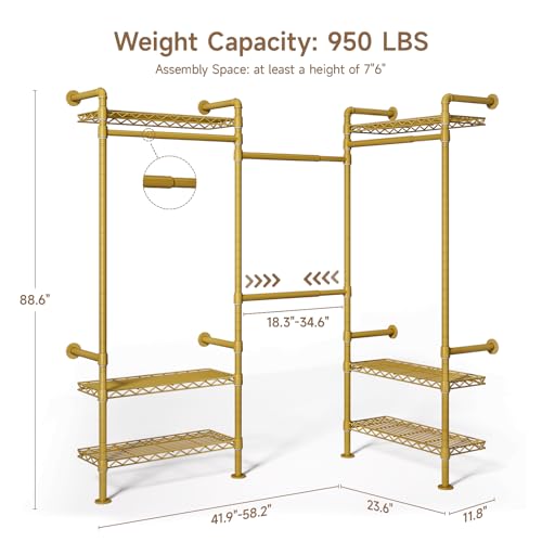 Wall Mounted Garment Rack, Walk-in Closet System with Expandable Rods, Adjustable Shelves, Industrial Pipe Clothing Racks, Hanging Clothes Organizers and Storage, Metal Closet Shelving Wardrobe - color: Gold