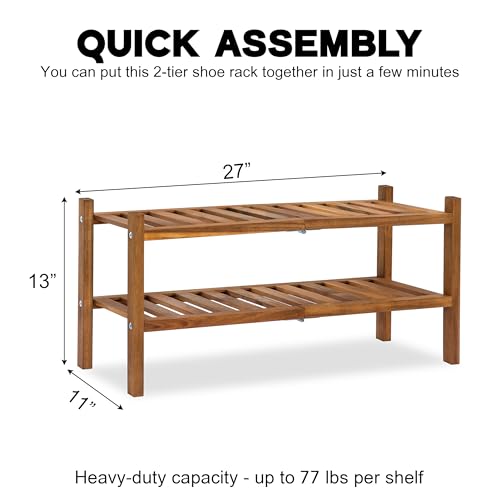 VICTORY RELAX Natural Acacia Wood 2-Tier Folding Shoe Rack – Space-Saving Wooden Shoe Organizer Shelf for Entryway, Hallway, Mudroom, or Closet – Compact Indoor Storage for Footwear & More - color: Nature
