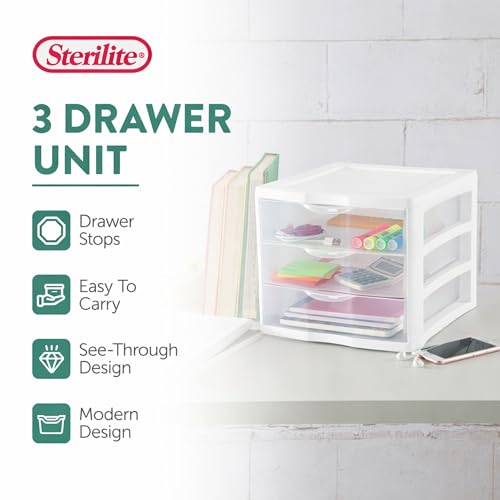 Sterilite 12-Pack Clearview 3-Drawer Cart, Small Plastic Storage Organizer Drawers, White - Organizing Drawer Containers for Bathroom, Closet, Kitchen, and Bedroom - size: 12 Packs