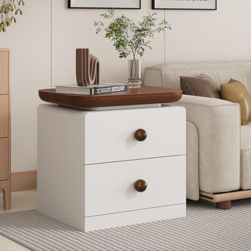 IKENO Wooden Nightstand with 2 Drawers, Large End Table with Stroage, Multifunctional Side Table for Bed Room, Living Room, Reception Room, Brown and White