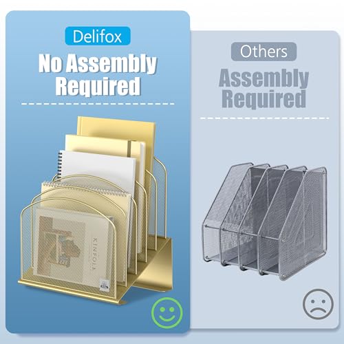 Delifox Inclined Desk File Organizer,Vertical File Folder Holder Stand Metal Rack File Sorter for Office Classroom Desktop Organization - color: Gold, size: 1Pack