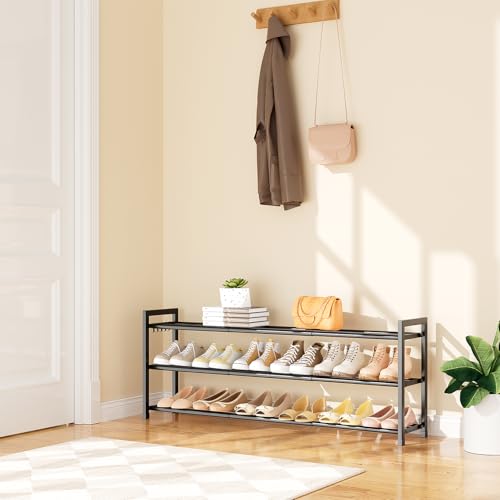 Expandable Shoe Rack - 18.5''- 47'' Adjustable Shoe Rack for Closet, 3 Tier Long Shoe Shelf Storage for 18 Pairs Shoe and Boot, Sturdy Metal Shoe Organizer for Entryway, Garage, Black