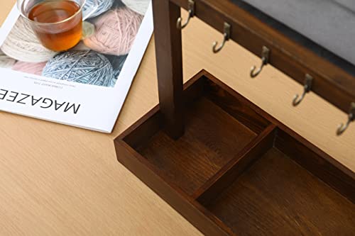 Wood Entryway Tabletop Key Holder Rack，Rustic Burnt Decorative Organizer with Storage Tray and Brass Tone Hooks，Jewelry Key Stand Hanging Organizer