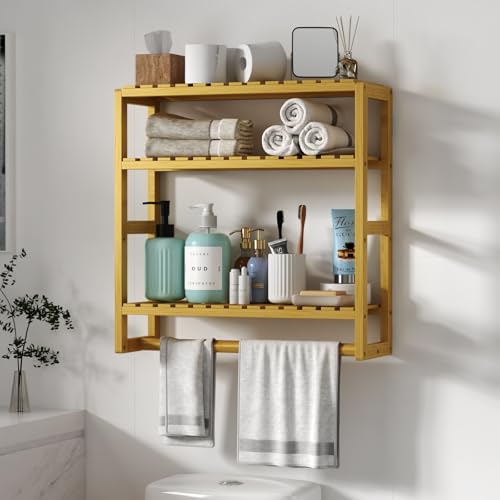 Galood Over The Toilet Storage Bathroom Shelves Wall Mounted 3 Tier Space Saver Corner Shelf Organizer Bamboo Towel Rack Toilet Paper Cabinet with Hanging Rod Yellow - color: Yellow 1pack, size: Large