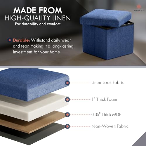 Ornavo Home Small Storage Ottoman Foldable Collapsible Cube Square Linen Ottoman Foot Rest Stool Seat, for Living Room, Bedroom, Home Office, Dorm - 12 x 12 x 12, Navy Blue - color: Navy