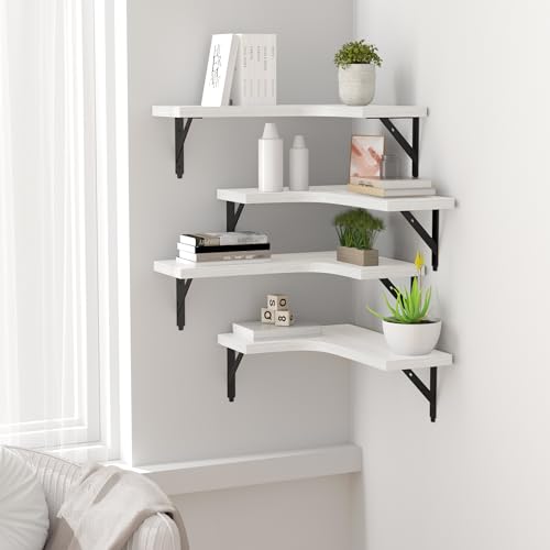 ROMGUAR CRAFT Corner Floating Shelves Wall Mounted Set of 4, Rustic Wood Storage Display Wall Shelves for Home Decor, Bathroom, Kitchen, Bedroom, Living Room, Office (White) - color: White