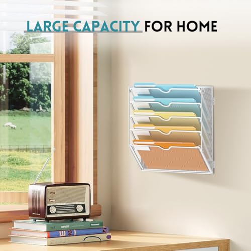 SUPEASY 5 Tier Wall File Organizer, Hanging Wall Mounted Mail Organizer with Label Slots, Metal Mesh File Holder Magazine Rack for Office, Home, School or Classroom, White - color: White, size: 5-Tier