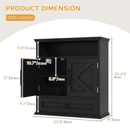 Bathroom Wall Cabinet, Wall Mounted Medicine Cabinet with Drawer, Barn Door & Adjustable Shelf, 24.4"H x 23.6"W x 9"D Black Over Toilet Farmhouse Storage Cabinet for Kitchen, Laundry, Entryway - color: Black, size: 24.4"H x 23.6"W x 9"D