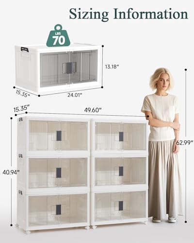 OlarHike 6 Pack 76QT Lockable Storage Bins with Lids - Folding Storage box with Doors and Wheels, Collapsible Plastic Storage Bins for Closets, Stackable Storage Organizer, Storage Containers - size: 76QT-White, style: 6Pack
