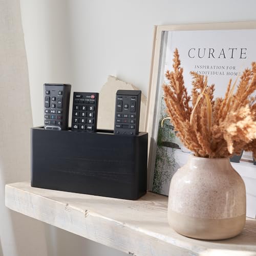 KIBAGA Premium Wooden Remote Control Holder - Easy Install Adhesive Wall Mount Caddy Keeps 3-4 TV Remotes Neatly Organized - Stylish Natural Wood Organizer is Perfect for Any Bed Or Living Room Wall - color: Black