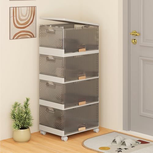 Giantex 4 Tier Stackable Storage Bins with Lids, 18 GalFoldable Shoe Storage Box with Detachable Wheels & Flip-Up Doors, Collapsible Closet Organizers and Storage Bins - size: 18Gal-4Pack