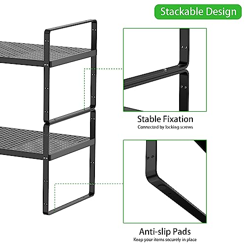 Expandable Cabinet Storage Shelf Stackable Organizer Rack for Kitchen Bathroom Pantry Spice Cupboard Coffee Countertop Home Office Desk Heavy Duty Nonslip Black Large 2 Packs - color: Black 2 Packs, size: Large - 10.2"W x (16.5"-27.1")L x 9.8"H