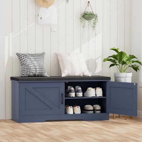 HOMSHO 2-Tier Storage Bench, 39.4" Wide Shoe Bench with Padded Seat Cushion, Entryway Bench with 2 Barn Doors and Adjustable Shelf, Blue - color: Blue, size: 39.4" Wide