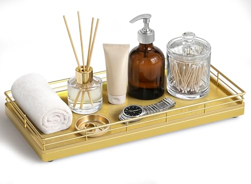 Bathroom Vanity Tray for Countertop, 12" x 6" Oak Wood Toilet Tank Tray with Metal Guardrail, Bathroom Organizer for Soap, Perfume & Skincare, Non-Slip Decorative Tray for Dresser & Vanity, Gold - color: All Golden, size: 12" x 6" x 1.5"