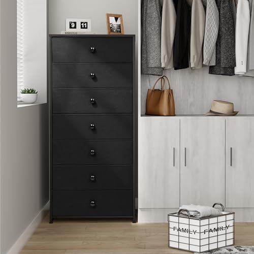 Crestlive Products Tall Dresser, 7-Drawer Wide Fabirc Storage Tower, Chests of Drawers - Vertical Organizer Unit for Bedroom, Hallway, Entryway, Nursery, Wood Top, Closets with Handles (Black) - color: Black, style: Wide-7 Drawers