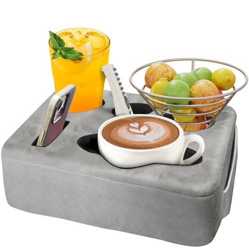 Couch Bed Cup Holder Pillow, Nisdoing 5 Hole Couch Drink Holder! Keep Drinks Hand Side and KeepTemp, Prevent Spills and Use Anywhere. Cup Holder for Couch, Bed,Camping,RV,Car,Beach. Gray - color: Gray