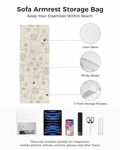 Sofa Armrest Organizer Bedside Caddy, Vintage Brown Floral Non Slip Couch Remote Control Holder for Recliner, Rustic Abstract Flower Burlap Arm Chair Caddy with Pocket for Magazine Phone, 13"x35" - color: Khaki, size: 13x35 in