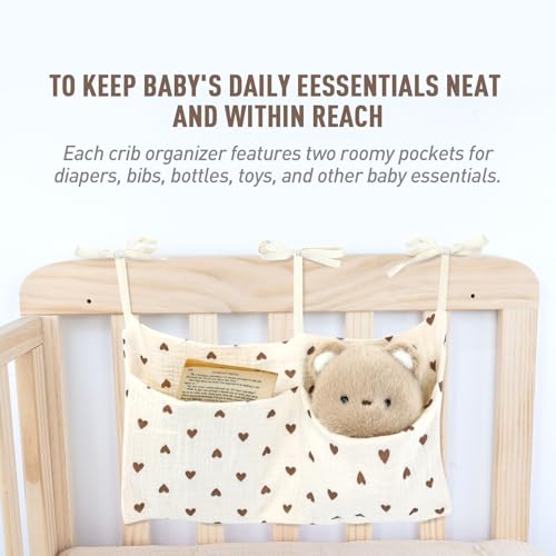 Cinaci 2pcs Cotton Pram Stroller Caddy Baby Crib Hanging Organizers Storage Pockets Nappy Diaper Bags Bedside Pockets for Milk Bottle/Soothing Toys/Wipes (Ivory Heart+Ivory Floral Set) - color: Ivory Heart+Ivory Floral Set
