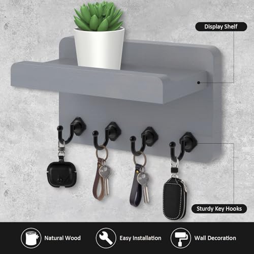 Nekon Key Holder Wall Mount, 8.5 Inch Small Home Decor Wooden Wall Organizer with 4 Hooks and Shelf, Key and Mail Holder for Living Room Entryway Kitchen (Gray) - color: Gray