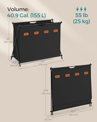 SONGMICS Laundry Hamper, Laundry Basket, 40.9 Gal. Laundry Sorter 4 Sections, Collapsible X-Frame, Clothes Organizer with Customizable Labels, Laundry Room, Bedroom, Bathroom, Ink Black ULCB140B01 - color: Ink Black, size: 155 L