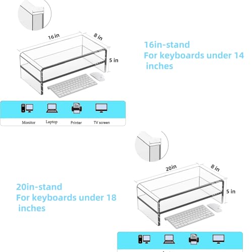 Acrylic Monitor Stand, 2 Tier Riser with Storage Shelf, Clear, 16/20 Inch, Home Office Desk Organizer (20in) - size: 20in