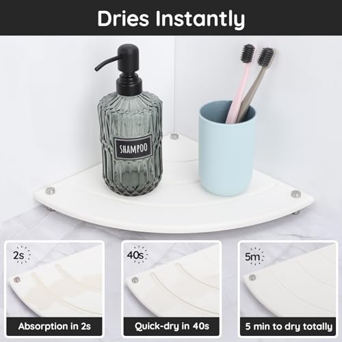 Segbeauty Quick Dry Stone Sink Tray, 9.85in Diatomaceous Water Absorbing Corner Sink Caddy, Fast Drying Stone Soap Tray Dish Sponge Holder Corner Counter Shelf Rack Drying Mat for Bathroom Kitchen - color: White, size: 9.9" x 9.9" x 1.2"