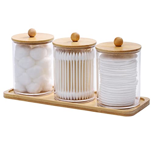 Tbestmax 10 Oz Cotton Swab/Ball/Pad Holder with Vanity Tray, Qtip Apothecary Jar, Clear Bathroom Containers Dispenser for Storage 3 Pack Wood Lids - color: Group A-beige Bamboo