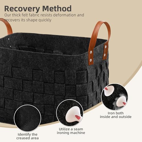boldmonkey Laundry Basket 16.5 " x13 x13 , Large Rectangular Blanket Basket with Leather Handle, Felt Storage Basket for Living Room, Nursery, Dog Toys-Dark Gray - color: Dark Gray