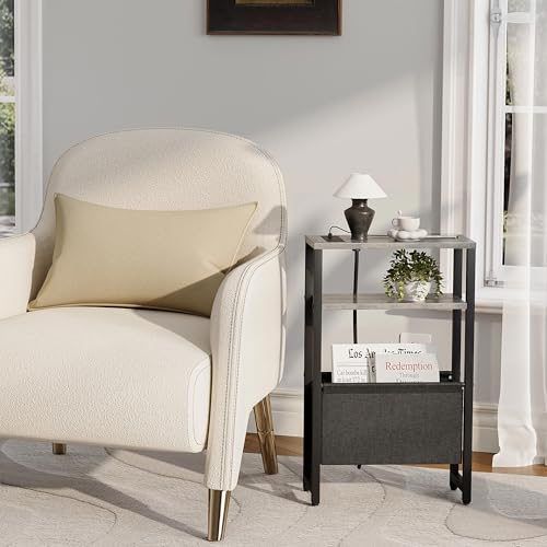 Narrow Side Table with Charging Station Slim End Table Sofa with Magazine Rack, Bedside Table for Small Spaces, 3 Tier Nightstand for Living Room Couch, Bedroom Oak Grey LET503QE - color: Oak Grey