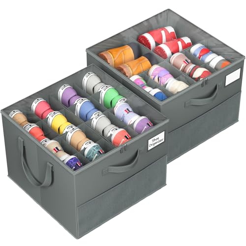 NestOrganix 2 Pack Shoe Organizer for Closet, Large Shoe Box Storage Containers, Foldable Shoe Storage Organizer Box Bin with Adjustable Dividers and Clear Cover, Space Saving Shoes Holder, Gray - color: Gray