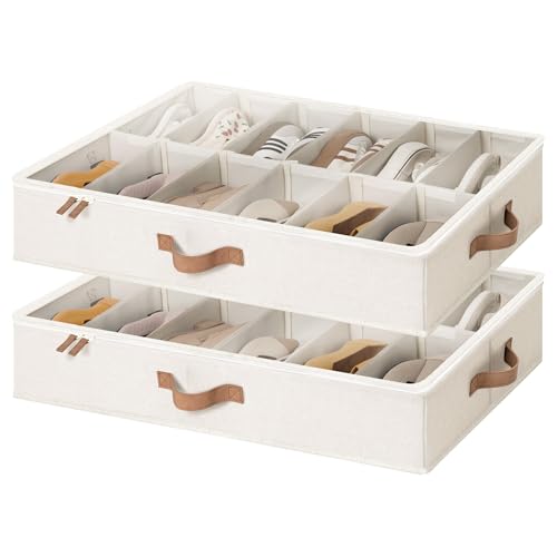 StorageWorks Underbed Shoe Storage Organizer for Closet, 2-Pack Under Bed Shoe Organizer with Bottom Support and Adjustable Dividers, Fits up to 24 Pairs, Beige - color: Beige, style: Adjustable Divider