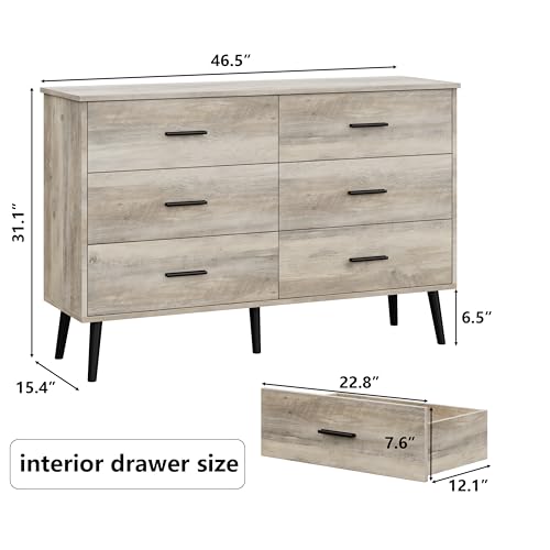 Grey Dresser for Bedroom, Dressers & Chests of Drawers for Clothes Storage, Wood Dresser for Closet with 6 Drawers, Wide Long Clothes Organizer with LED Light for Hallway, Entryway, Metal Handles - color: Grey